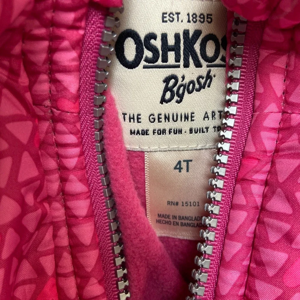 OshKosh B'gosh Hooded Puffer Jacket Girls 4T Pink Geometric Heart Print Full Zip